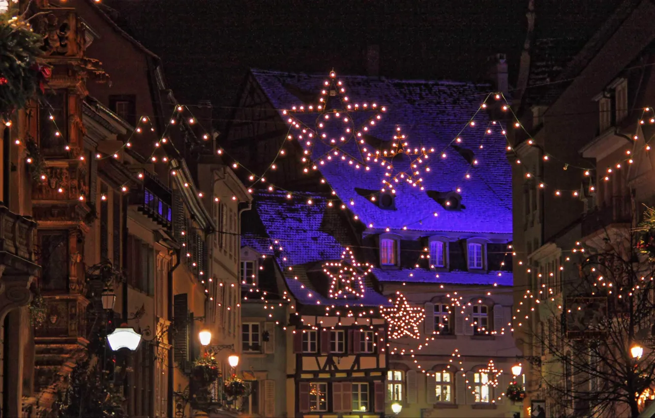 Фото обои огни, Франция, Рождество, гирлянды, Страсбург