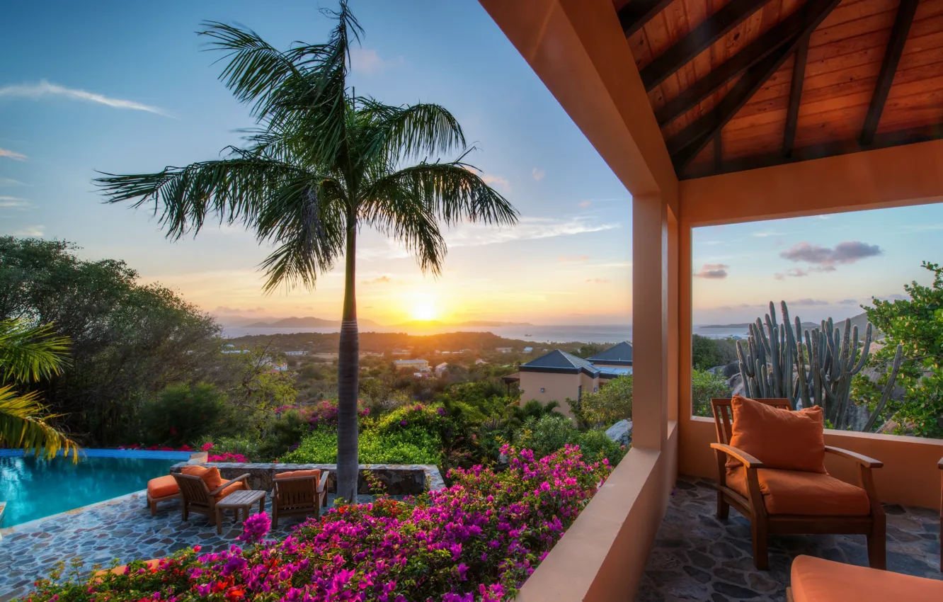 Фото обои закат, цветы, пальма, кресло, бассейн, кактус, терраса, British Virgin Islands