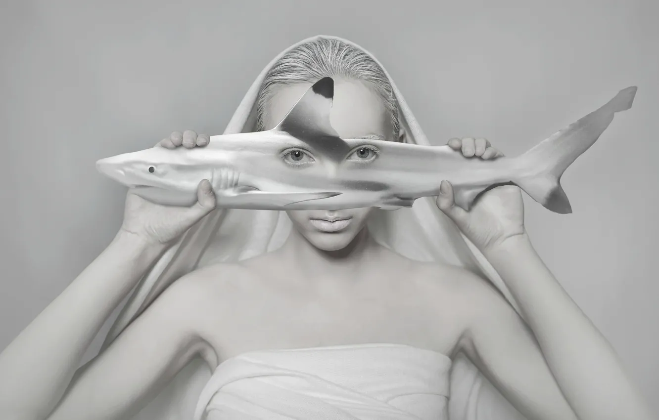 Фото обои взгляд, девушка, рыба, акула, арт