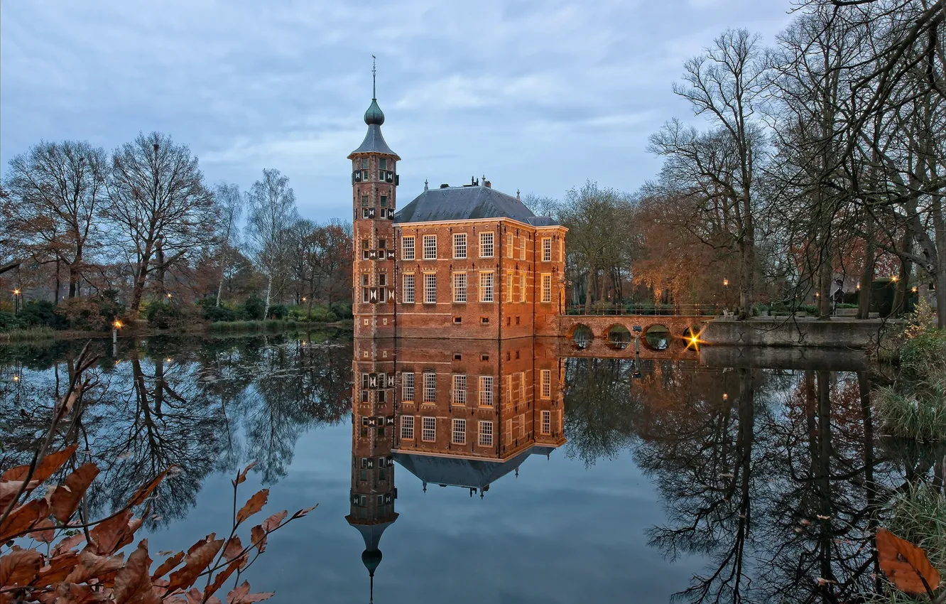 Фото обои пруд, отражение, замок, сад, Нидерланды, Голландия, Brabant, Bouvigne castle