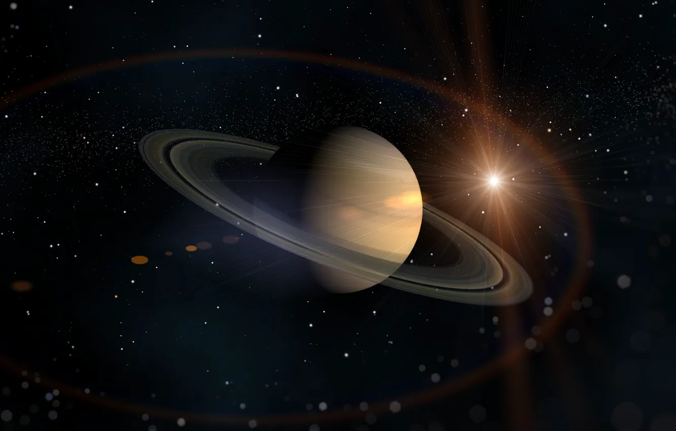 Фото обои солнце, звезды, кольца, Сатурн, Космос, планета нашей солнечной системы