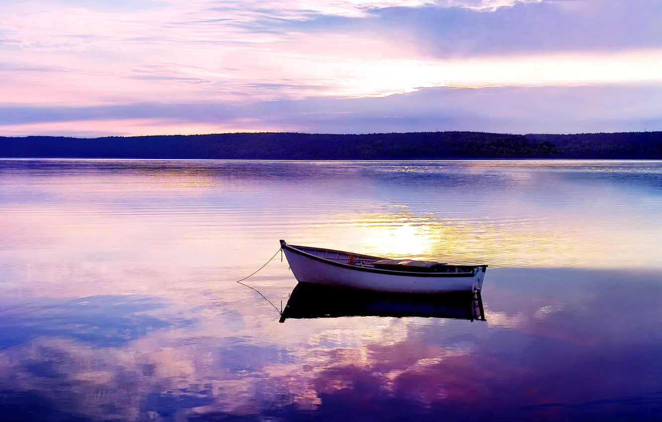 Фото обои закат, озеро, гладь, лодка, вечер