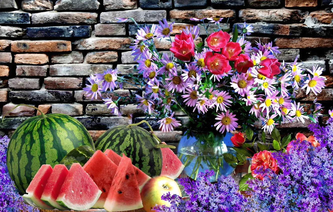 Фото обои цветы, арбуз, фрукты, Натюрморт