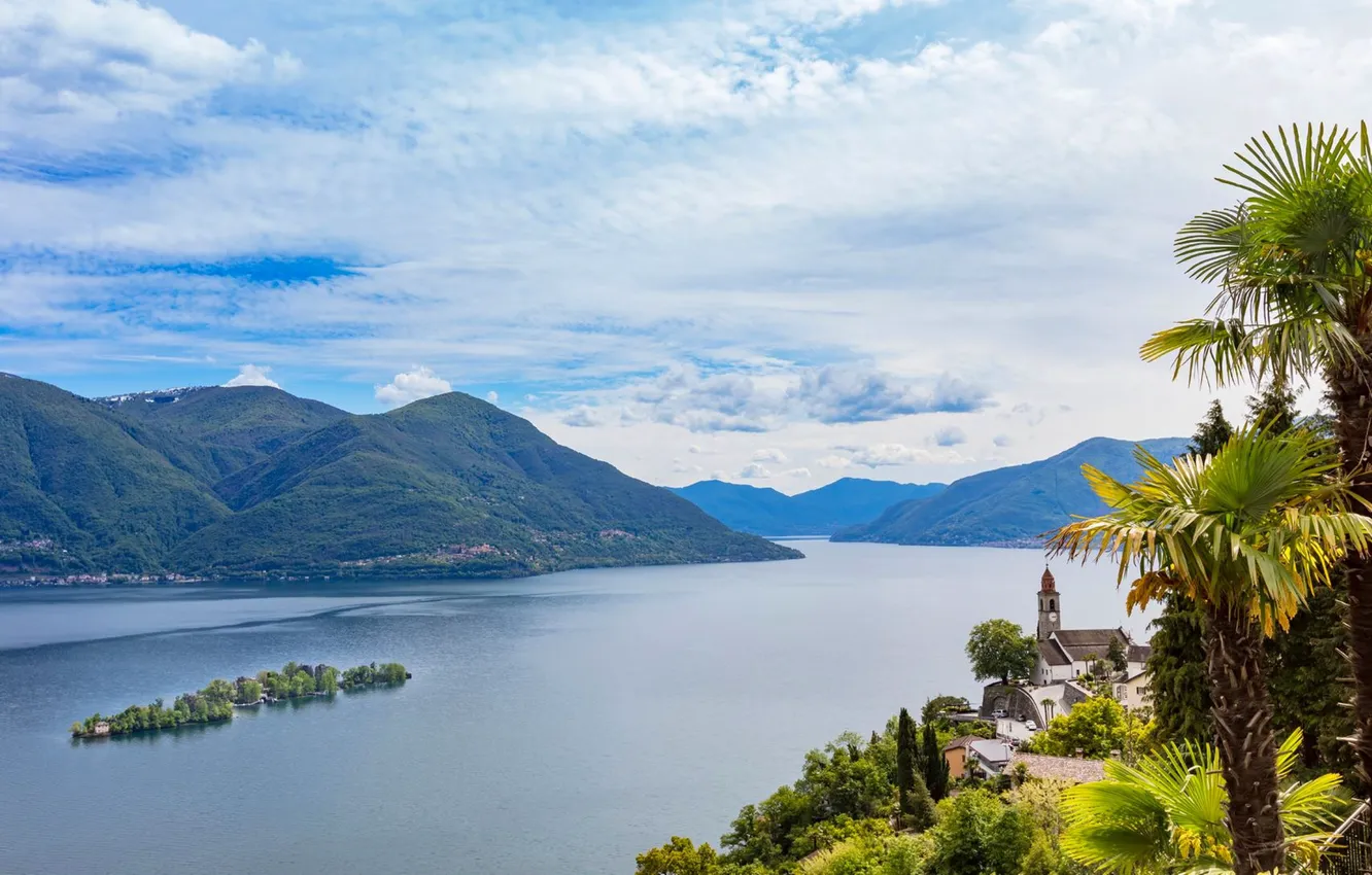 Фото обои горы, озеро, пальмы, Швейцария, Locarno, Бриссаго