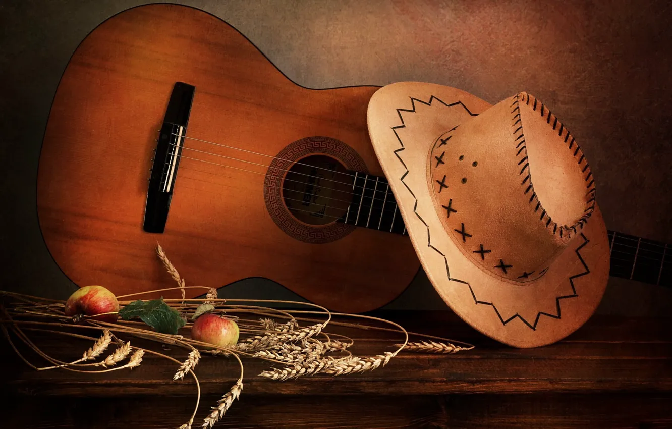 Фото обои яблоки, гитара, шляпа, колосья, фрукты, still life