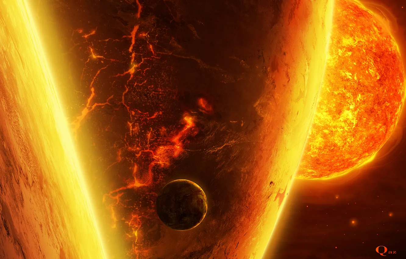 Фото обои солнце, космос, трещины, огонь, звезда, планеты, спутник, арт