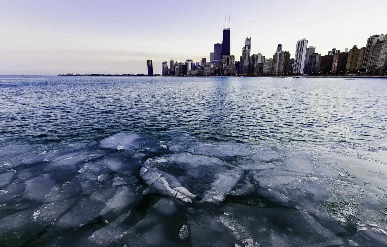 Фото обои зима, город, река, лёд, небоскребы, Чикаго, Иллиноис