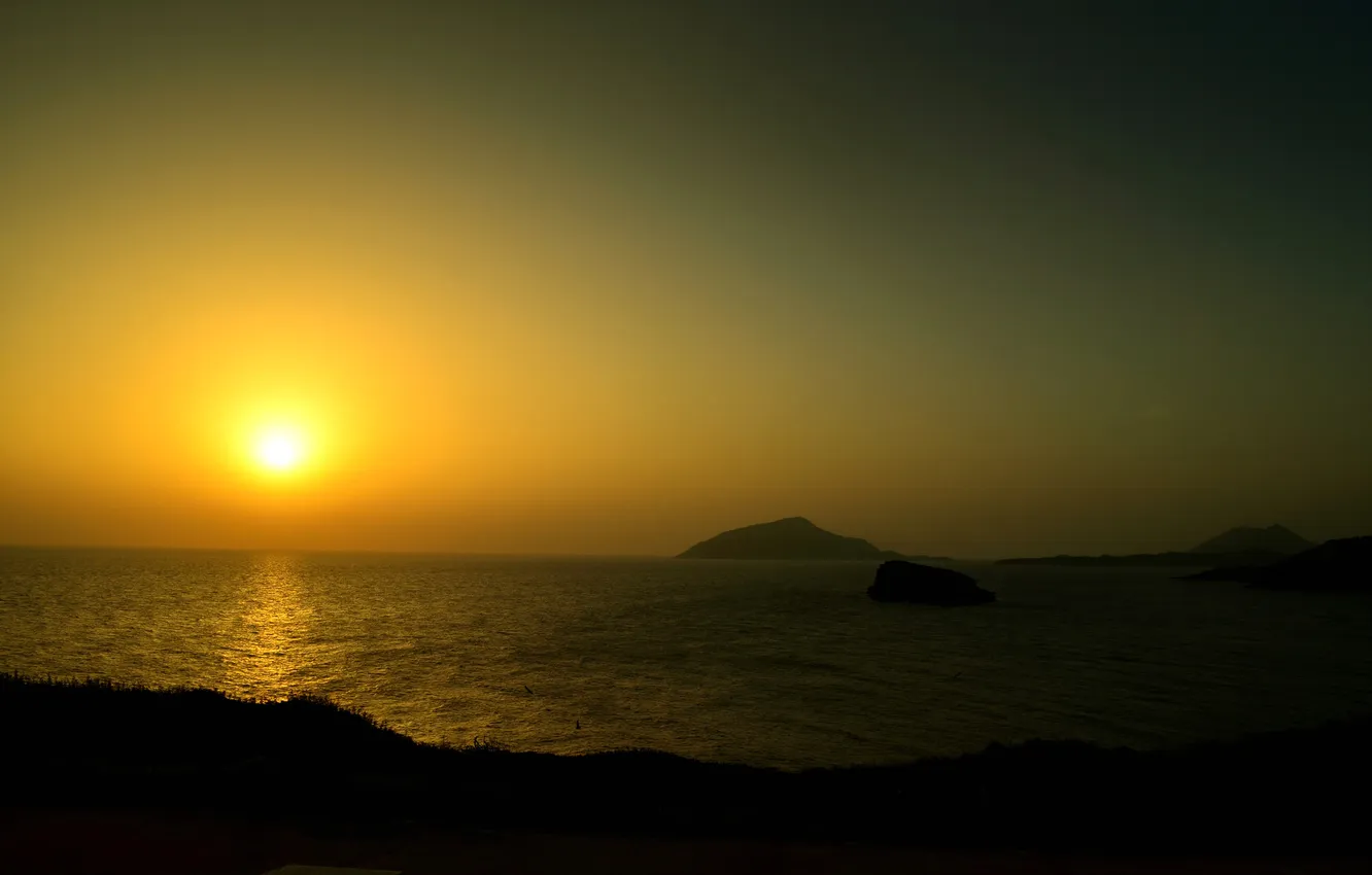 Фото обои небо, солнце, закат, скалы, Греция, Эгейское море
