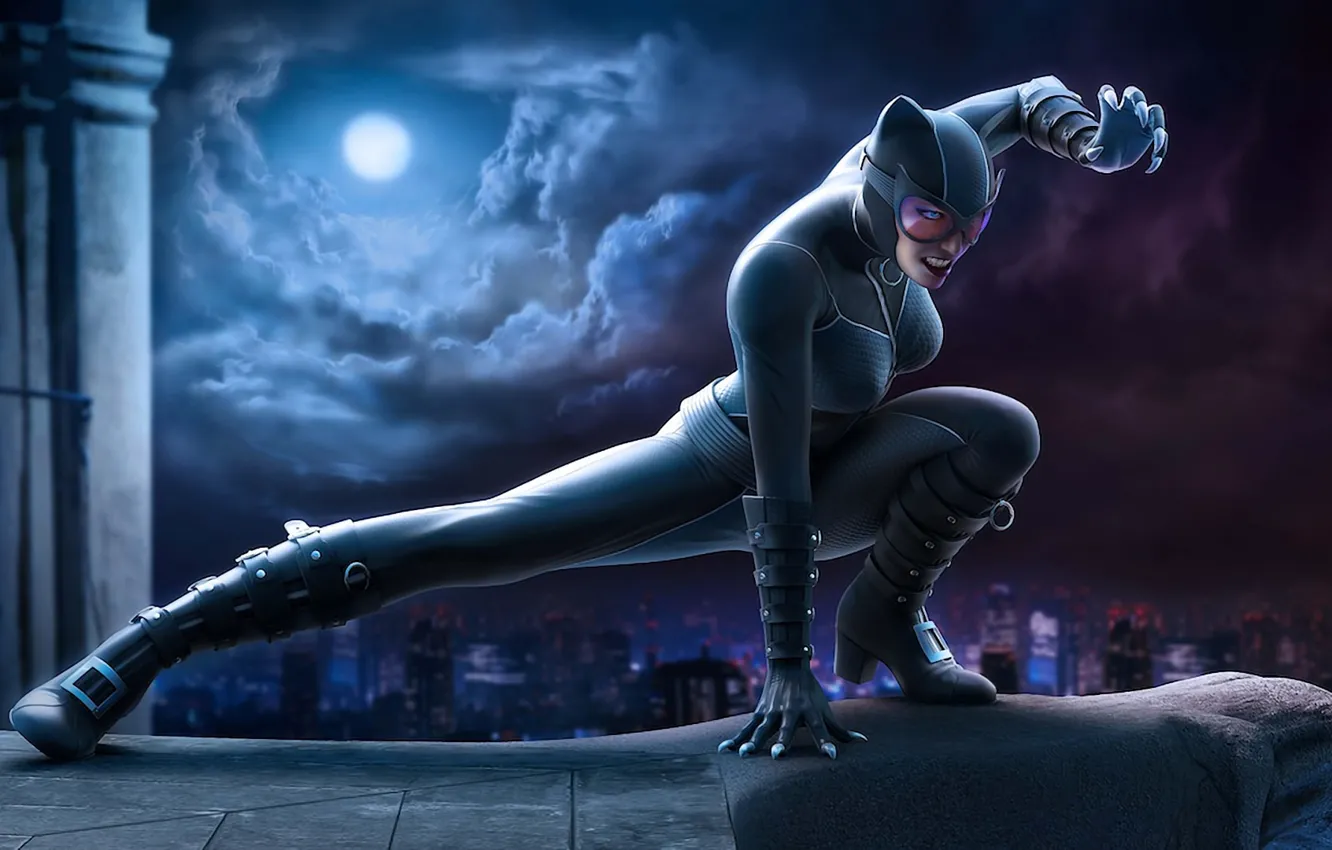 Фото обои кошка, ночь, город, луна, костюм, латекс, супергерой, Catwoman