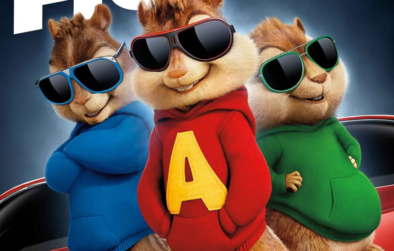 Фото обои музыка, мультфильм, очки, 2015, Alvin and the Chipmunks, семейный, The Road Chip, Элвин и бурундуки …