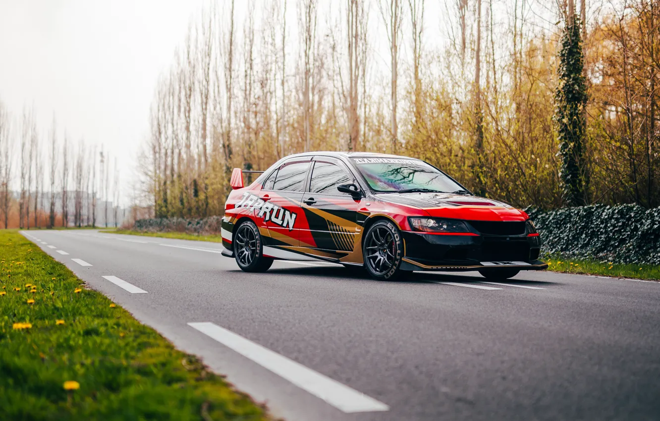 Фото обои Black, Lancer Evolution IX, Road markings