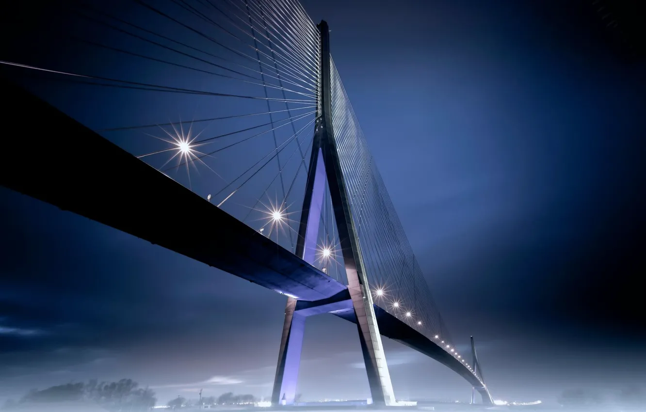 Фото обои ночь, мост, огни, туман