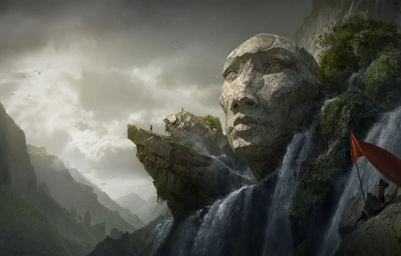 Фото обои горы, лицо, водопад, hex statue, Old Valley