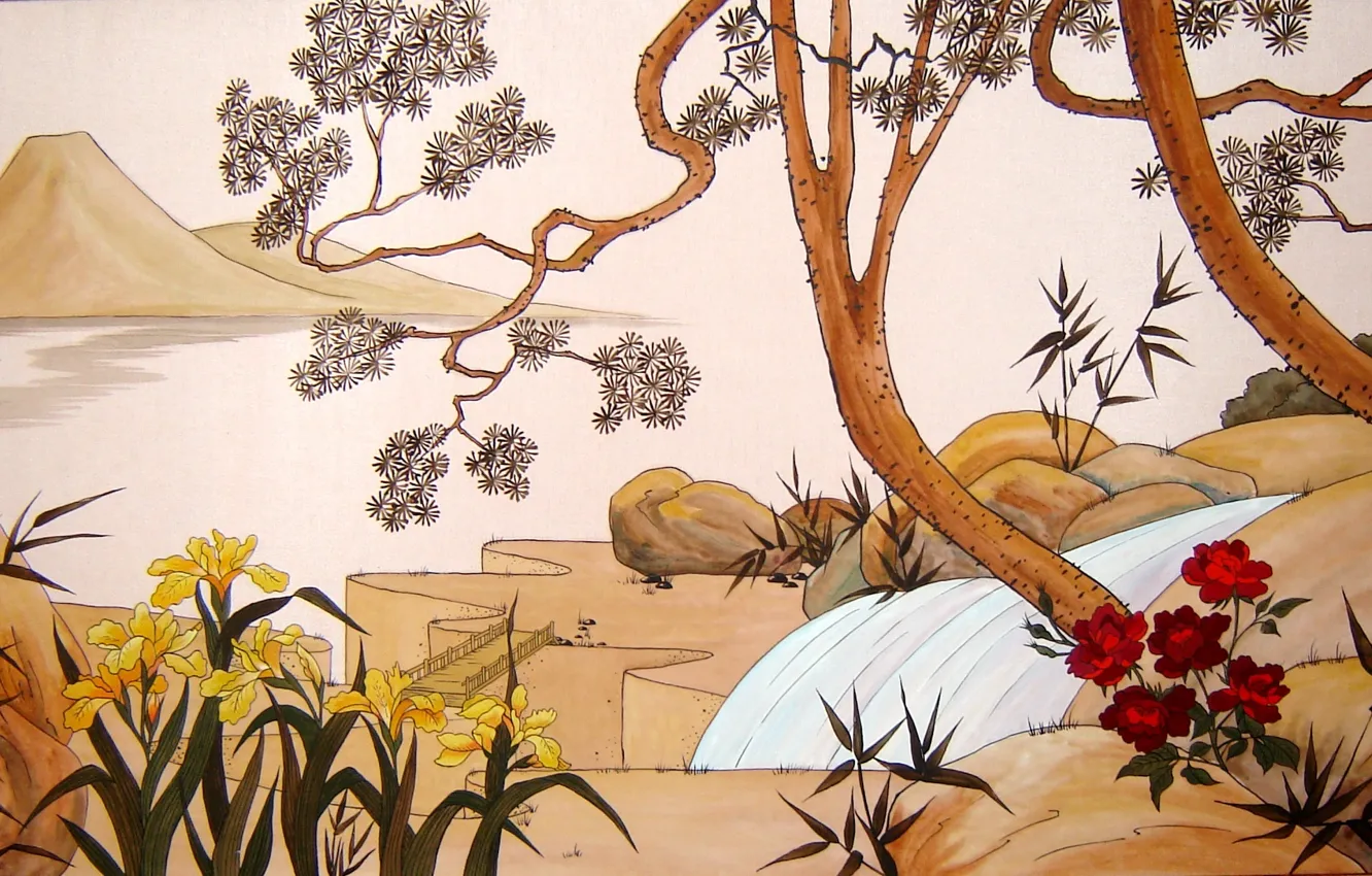 Фото обои цветы, дерево, шелк, Япония, Живопись, живопись по щелку