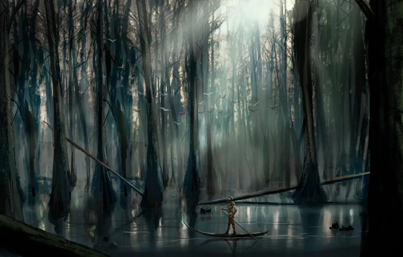 Фото обои деревья, река, лодка, человек, арт, солнечные лучи