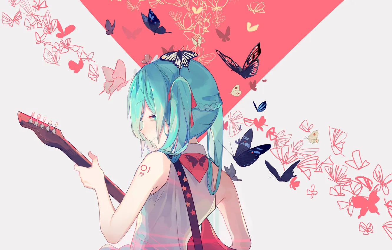 Фото обои девушка, бабочки, гитара, аниме, арт, татуировка, профиль, vocaloid
