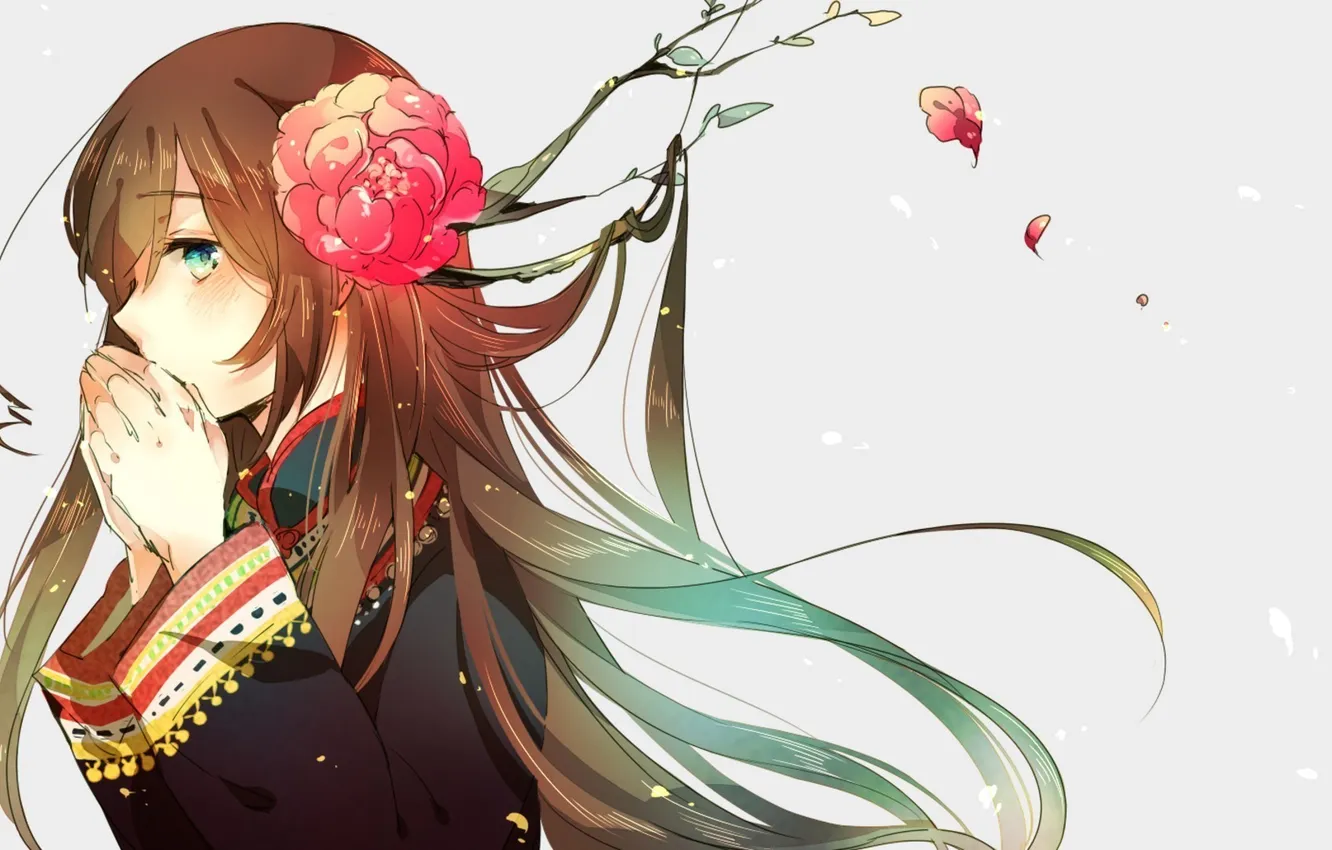 Фото обои цветок, взгляд, девушка, лепестки, каштановые волосы, Taiwan, Axis Powers: Hetalia, Kamitsuki