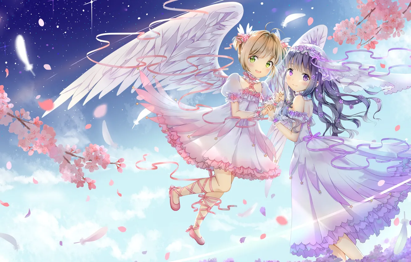 Фото обои девочки, аниме, арт, Card Captor Sakura, парят, подружки, Сакура - собирательница карт