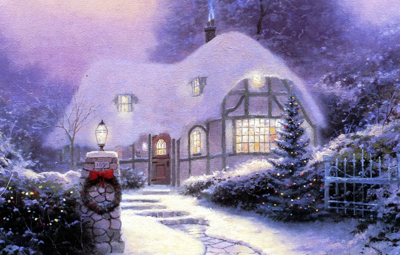 Фото обои снег, праздник, картина, номер, дорожка, фонарь, ступеньки, ёлка