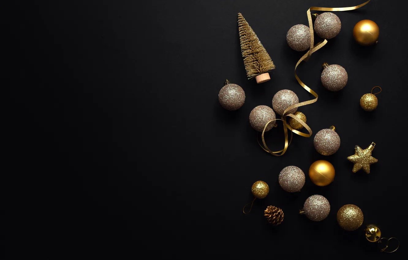 Фото обои фон, золото, шары, черный, игрушки, елка, Новый год, Valeria Aksakova