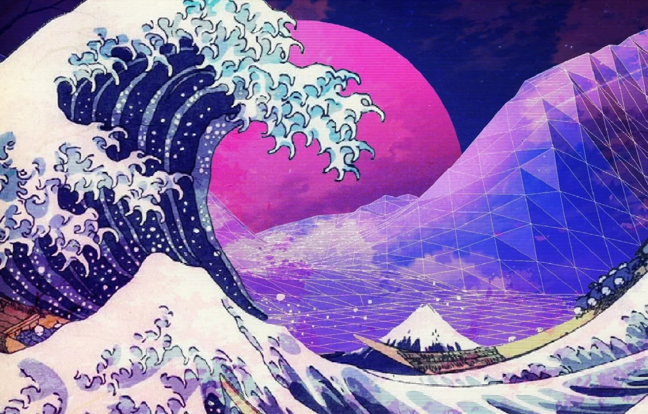 Фото обои purple, aeshtetic, vaporwave, kanagawa great wave, the great wave