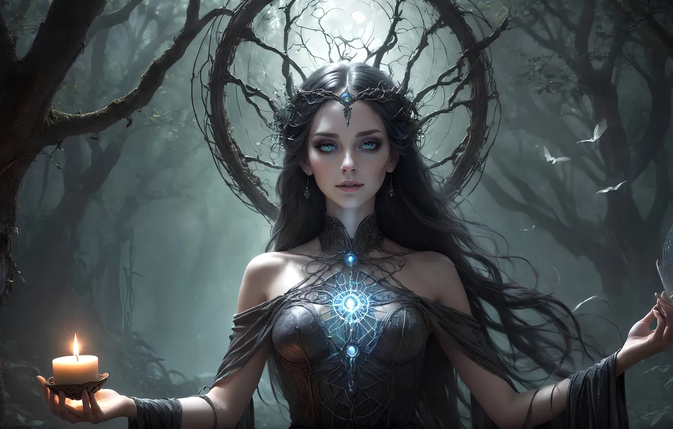 Фото обои dark, girl, fantasy, blue eyes, digital art, artwork, candle, fantasy art