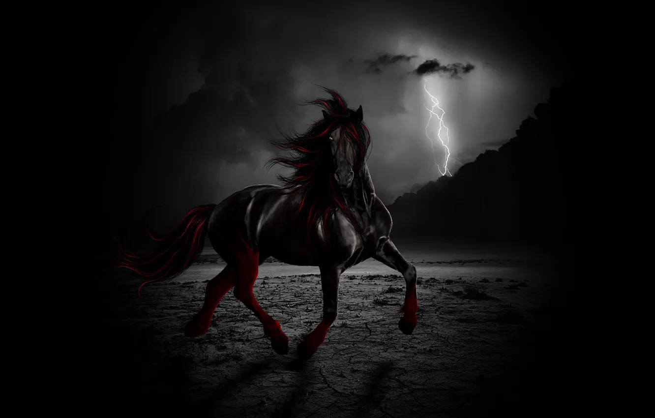 Фото обои свобода, ночь, тучи, конь, ветер, молния