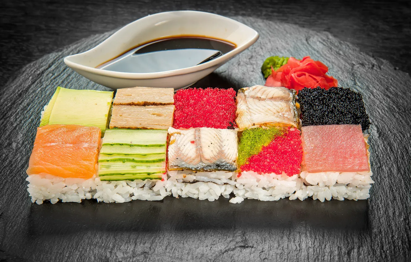 Фото обои рыба, рис, соус, икра, вкусно, sushi, суши, морепродукты