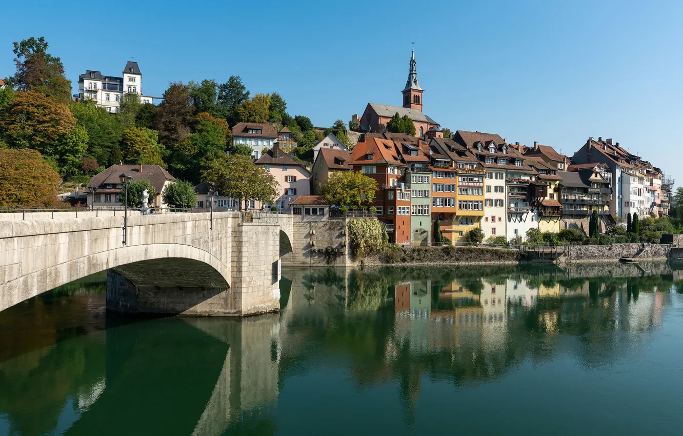 Фото обои мост, озеро, отражение, дома, Швейцария, Laufenburg