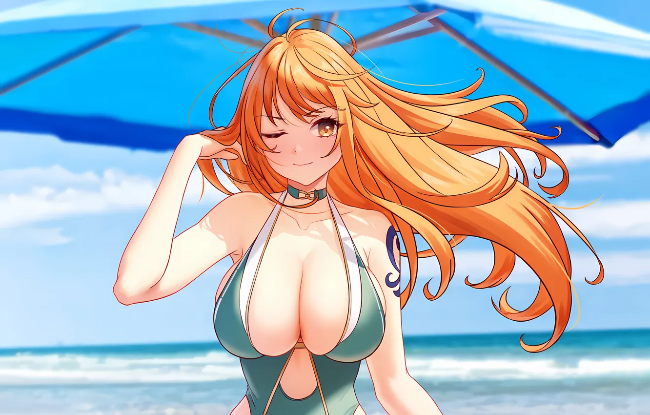 Фото обои girl, sexy, cleavage, beach, One Piece, long hair, sea, boobs