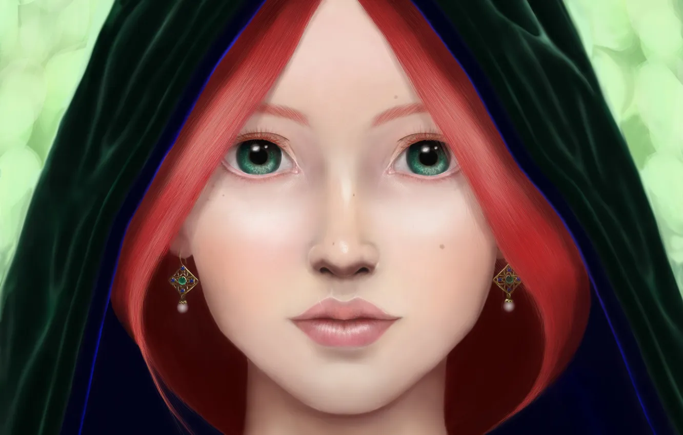Фото обои взгляд, девушка, арт, капюшон, рыжие волосы, зеленые глаза