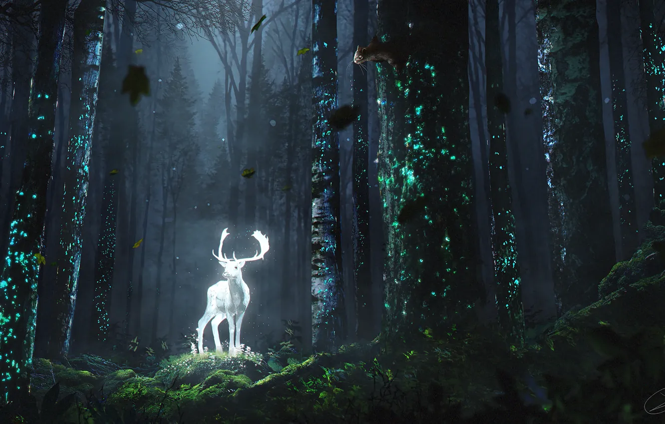 Фото обои fantasy, forest, horns, trees, digital art, artwork, bright, fantasy art