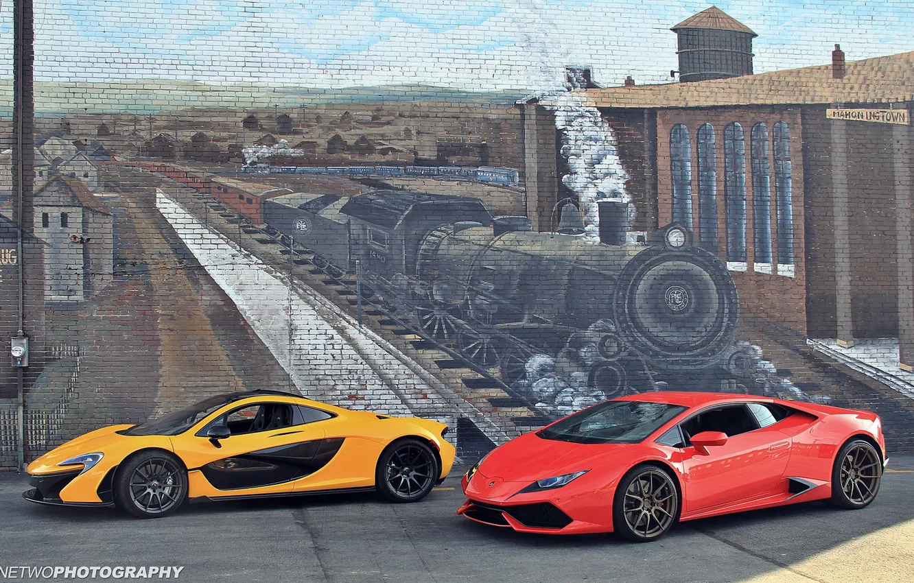 Фото обои стена, рисунок, поезд, паровоз, McLaren P1, Lamborghini Huracan