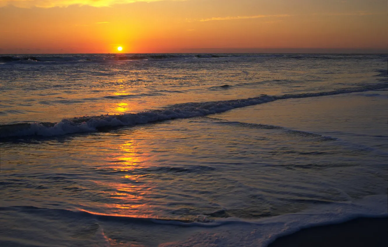 Фото обои море, пляж, солнце, закат, Природа, горизонт