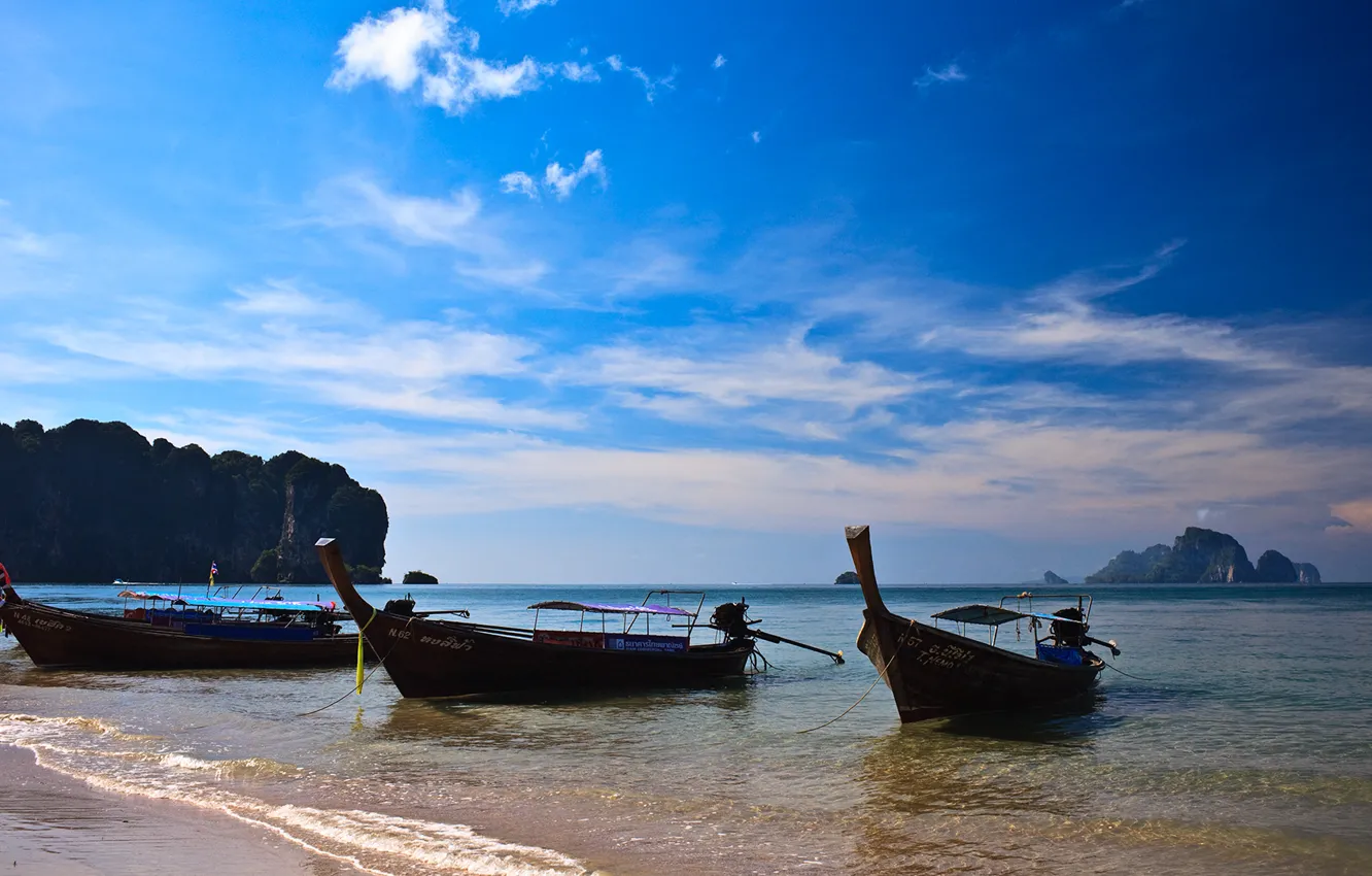 Фото обои море, солнце, горы, лонгбоат, таиланд