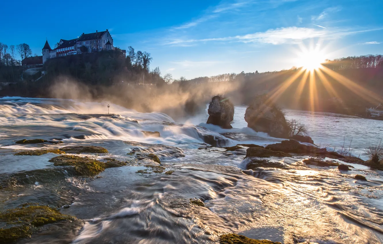 Фото обои солнце, водопад, утро, Швейцария, Шаффхаузен, Rheinfall