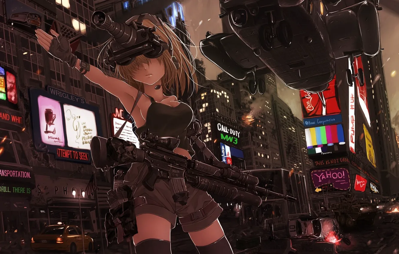 Фото обои car, city, gun, Call of Duty, chaos, weapon, police, anime