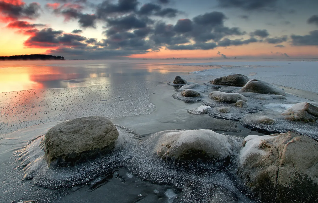 Фото обои лед, зима, озеро, камни, рассвет, утро, мороз
