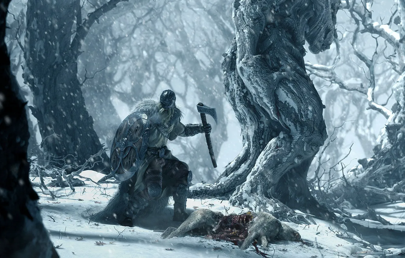 Фото обои лес, снег, деревья, оружие, доспехи, Воин