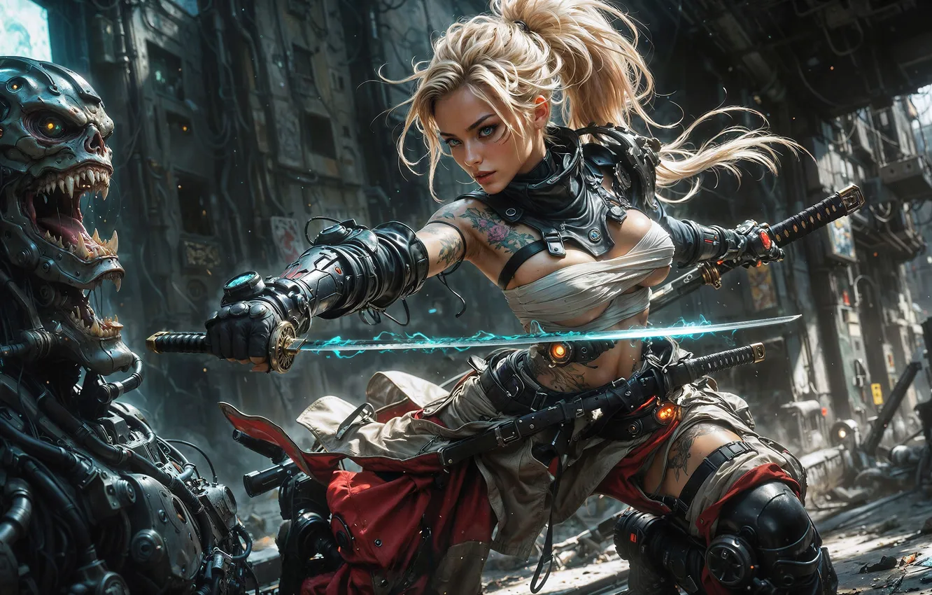 Фото обои город, атака, здания, бой, руины, красивая девушка, бюст, клинок