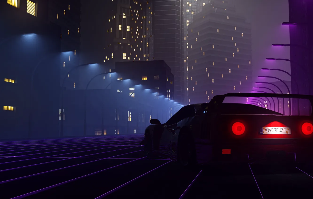 Фото обои Авто, Машина, Ferrari, Neon, Рендеринг, Ferrari F 40, 80's, Synth
