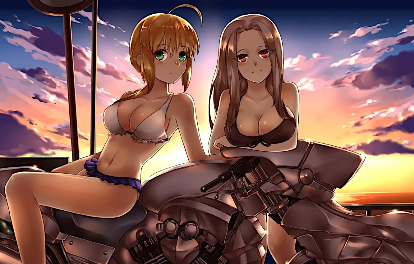 Фото обои girls, anime, motorcycle