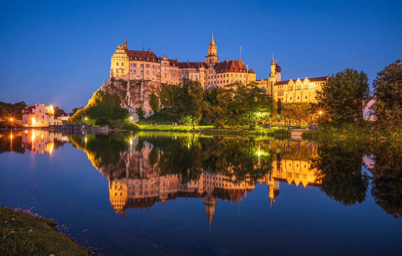Фото обои деревья, отражение, река, замок, вечер, Германия, Germany, Баден-Вюртемберг