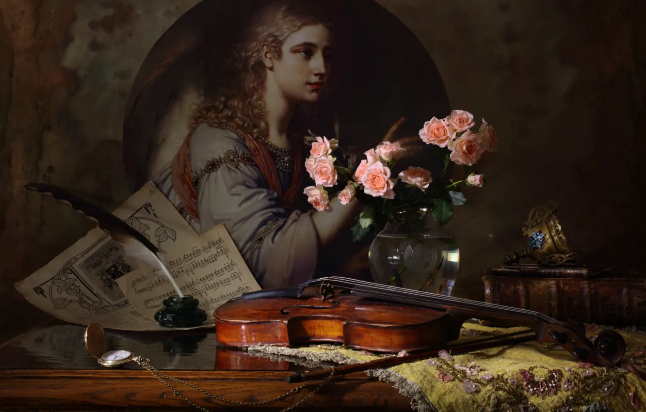 Фото обои перо, скрипка, часы, розы, картина