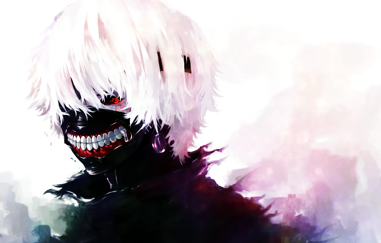 Фото обои аниме, маска, белые волосы, anime, art, красный глаз, Tokyo Ghoul, Kaneki Ken