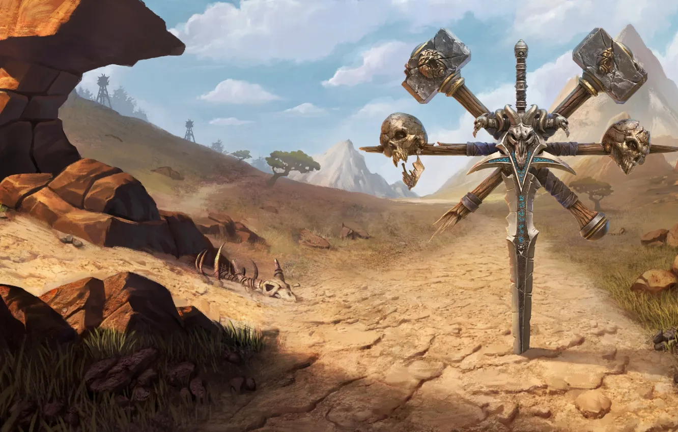 Фото обои sword, World of Warcraft, game, desert, skulls, mountains, weapons, digital art