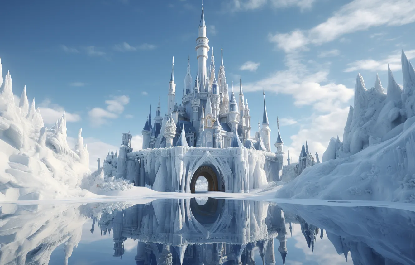 Фото обои лед, зима, иней, облака, снег, горы, отражение, замок