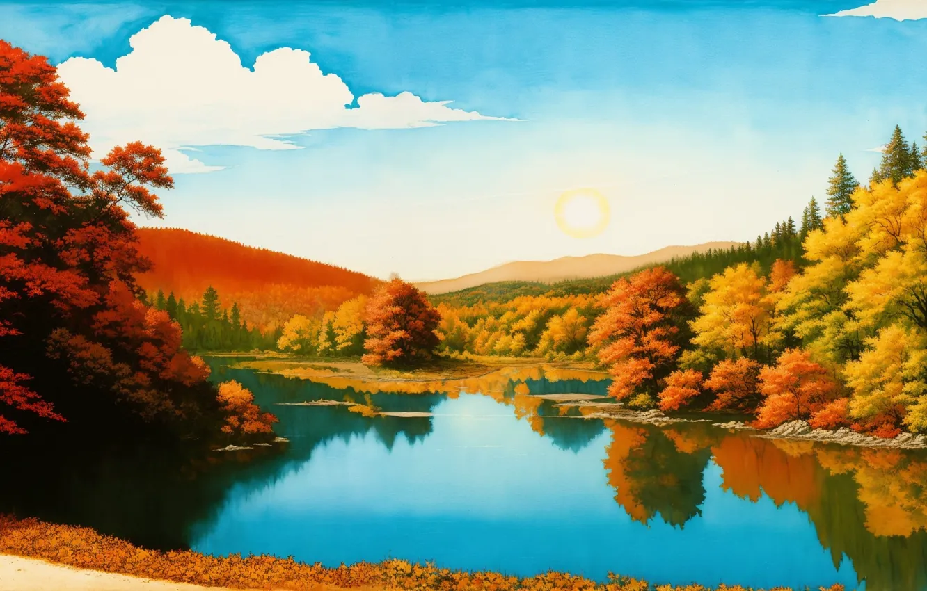Фото обои sky, trees, nature, water, clouds, painting, reflection, digital art
