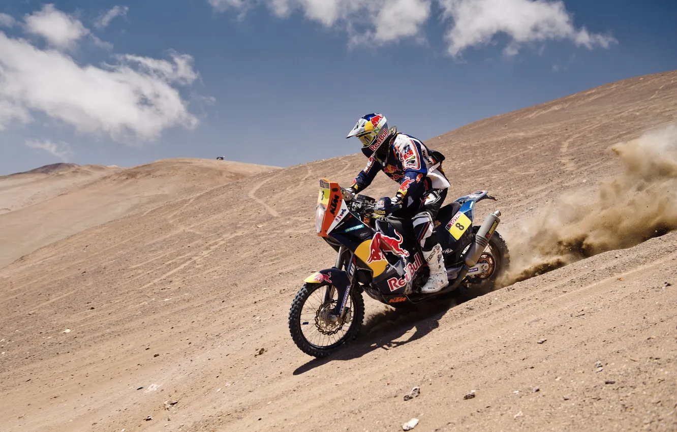 Фото обои Песок, Спорт, Пустыня, Гонка, Мотоцикл, Мото, Склон, Rally
