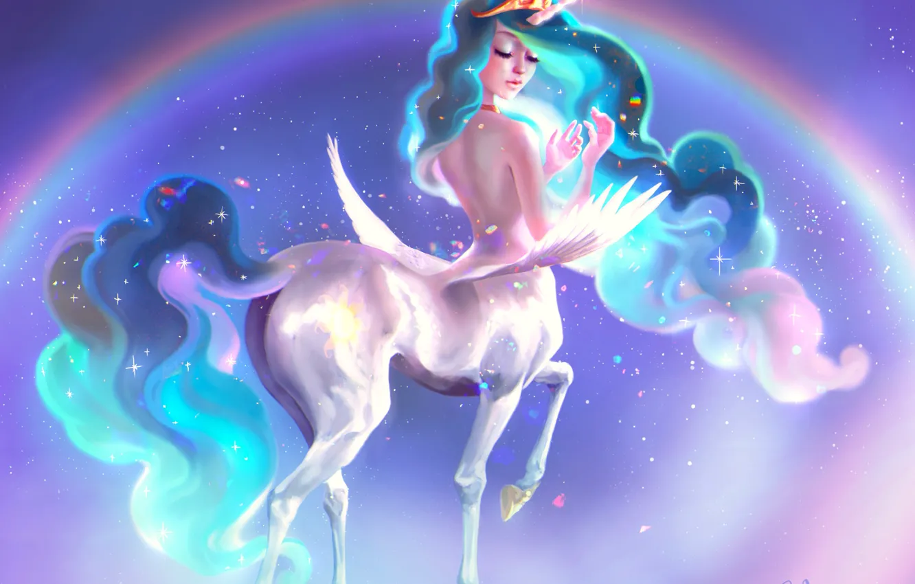 Фото обои небо, девушка, радуга, фэнтези, единорог, My Little Pony: Friendship Is Magic, Princess Celestia, by Pauline …